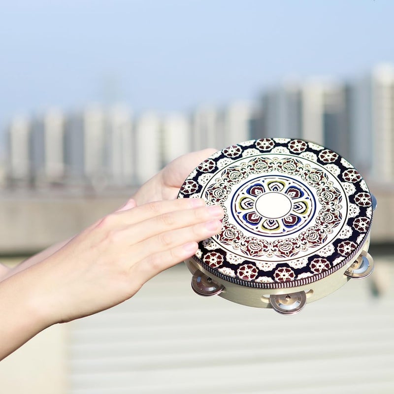 OriGlam 8 Inch Tambourine Wood Handbell Music Drum, Handheld Tambourine Drum Bell Metal Jingles Percussion Instrument Drum for Church, Dance, Party, KTV (White) - Image 2